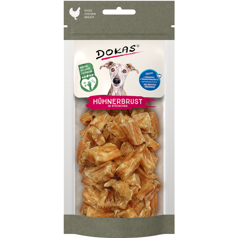 Dokas Hunde Snack Hühnerbrust in Stückchen 50g – welfare chicken