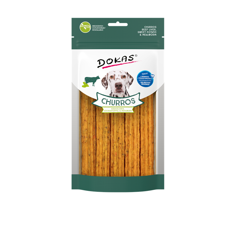 Dokas Hunde Snack Churros mit Rinderleber, Süsskartoffel & Mehlwurm 150 g