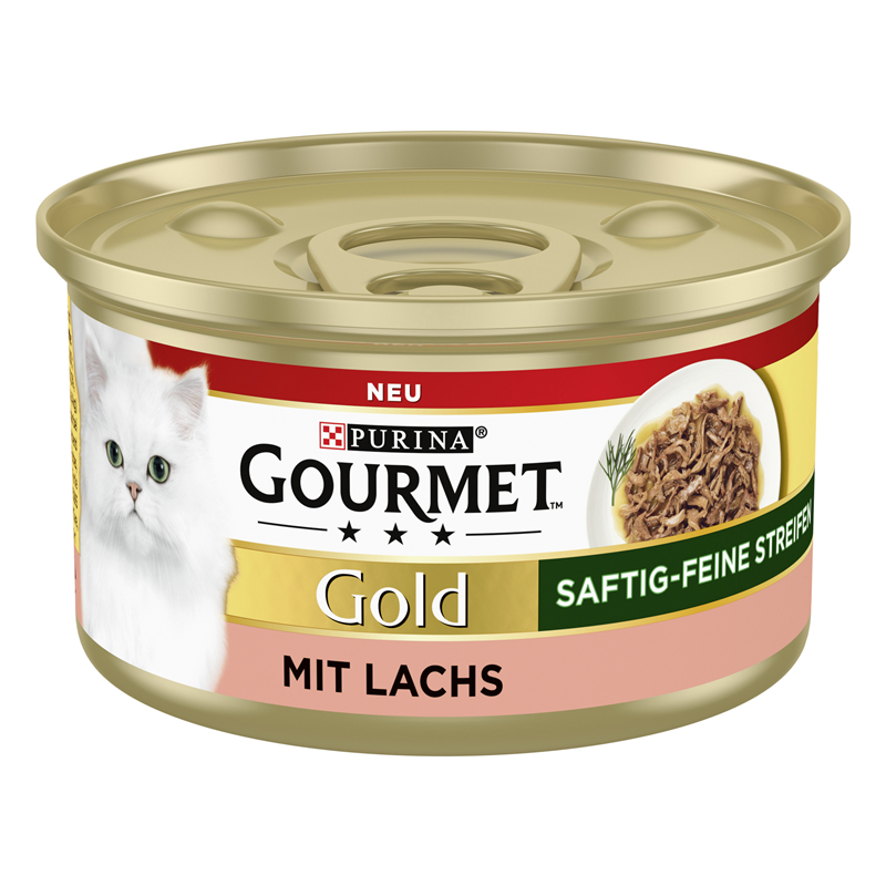 Gourmet GOLD Saftig-feine Streifen mit Lachs, Katzennassfutter 85 g Dose