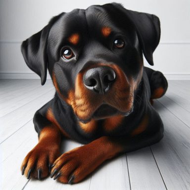 Ein Rottweiler liegt auf einem hellen Boden und schaut aufmerksam.