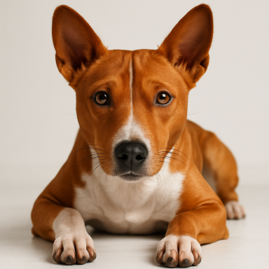 Brauner Basenji-Hund liegt mit aufmerksamen Augen und gespitzen Ohren da.