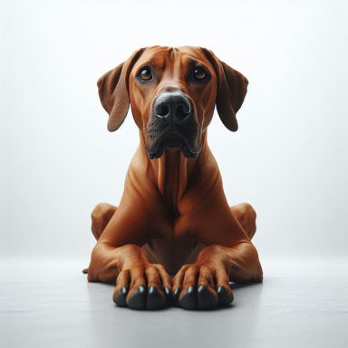 Ein ruhender Hund mit braunem Fell und neugierigem Blick.