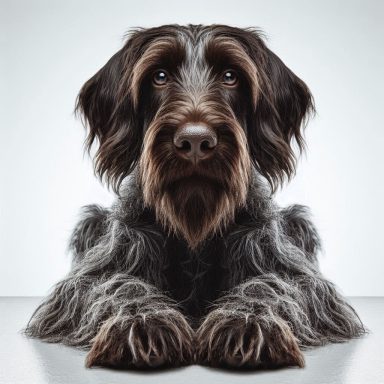 Ein braun-grauer Hund mit auffälligem Fell und einem freundlichen Gesicht.