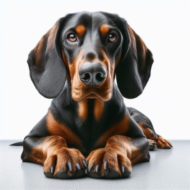 Bayerischer Gebirgsschweißhund mit braunen Abzeichen, der entspannt auf dem Boden liegt.