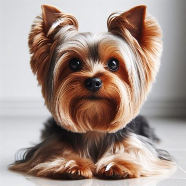 Ein Yorkshire Terrier mit glänzendem Fell, sitzt aufmerksam auf einem hellen Boden.