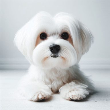 Weißer, flauschiger Malteser Hund mit großen, runden Augen, der auf dem Boden sitzt.