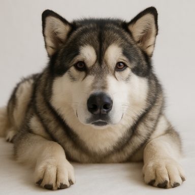 Ein ruhiger, grauer Alaskan Malamute liegt mit Blick in die Kamera.