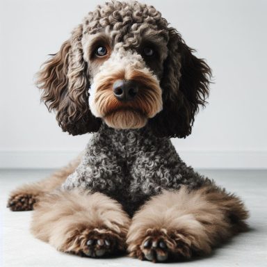 Ein grau-brauner Pudelpointer sitzt mit großen Pfoten und neugierigem Blick.