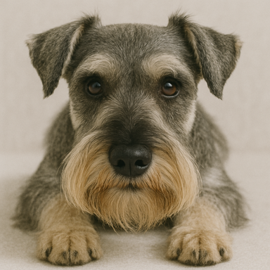 Grauer Schnauzer mit einem sanften Blick, liegt entspannt auf einer weichen Unterlage.