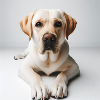 Ein liegender Labrador mit hellem Fell und aufmerksamem Blick.