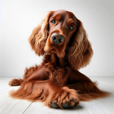 Brauner Irish Setter mit langen Ohren und neugierigem Blick sitzt auf einem hellen Boden.