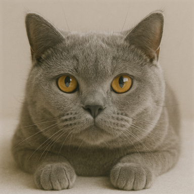 Graue Katze mit großen, orangenen Augen liegt entspannt auf einer neutralen Oberfläche.