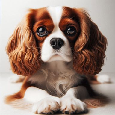 Ein Cavalier King Charles Spaniel mit großen Augen und lockigem, braun-weißen Fell.