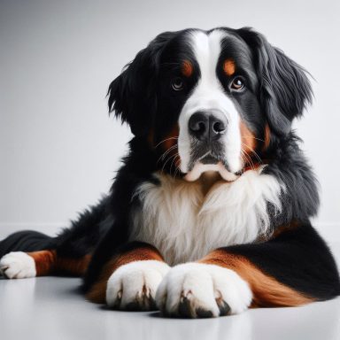 Berner Sennenhund liegt entspannt auf einem weißen Untergrund.