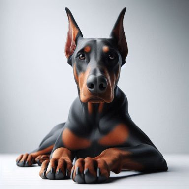 Schwarzbrauner Dobermann liegt mit aufmerksamen Augen und leicht gesenktem Kopf.