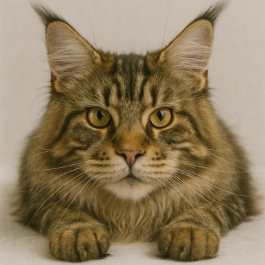 Ein naher Blick auf eine Maine-Coon-Katze mit auffälligen, langen Ohren.
