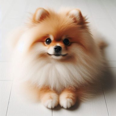 Flauschiger Pomeranian-Hund mit orangefarbenem Fell, der auf dem Boden sitzt.