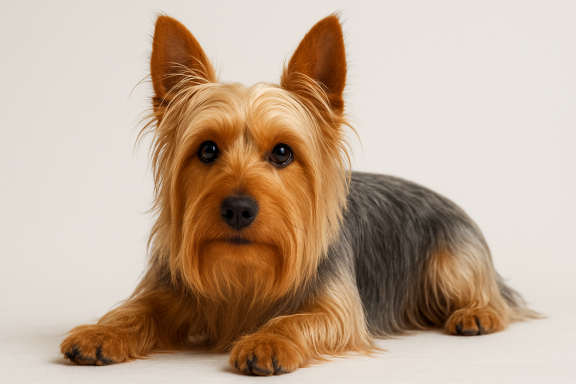 Ein Australian Silky Terrier mit braunem und grauem Fell liegt entspannt.