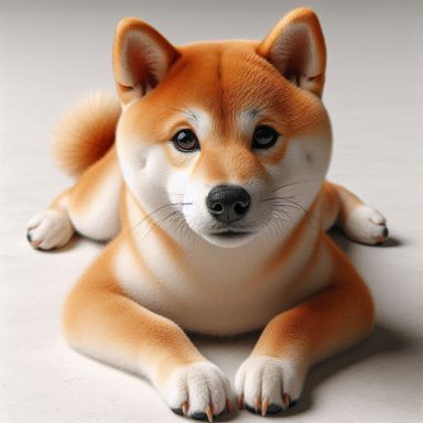 Ein Shiba Inu liegt entspannt mit einem freundlichen Blick auf dem Boden.