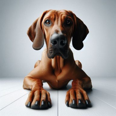 Brauner Hannoverscher Schweißhund mit langen Ohren und großen Pfoten, der neugierig auf dem Boden liegt.