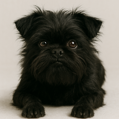Affenpinscher mit großen, runden Augen, der auf dem Boden liegt.