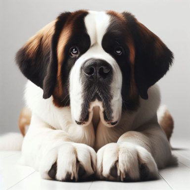 Ein Sankt Bernhardshund liegt entspannt mit großen, ausdrucksvollen Augen.