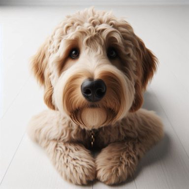 Ein niedlicher, flauschiger Labradoodle mit lockigem, hellem Fell und großen, runden Augen.