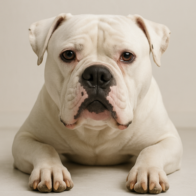 Ein weißer Bulldoggenhund, entspannt mit auf dem Boden abgelegtem Kopf.