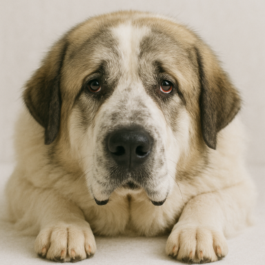 Großer, sanfter Hund mit grauen und weißen Farbtönen, blickt direkt in die Kamera.