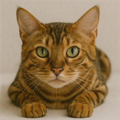 Braune Bengal-Katze mit grün-gelben Augen, ruhig und aufmerksam.