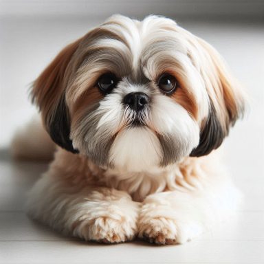 Ein süßer Shih Tzu mit flauschigem Fell und liebevollem Blick liegt auf dem Boden.