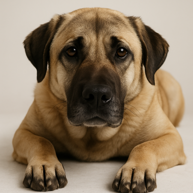 Ein großer, brauner Kangal mit traurigen Augen liegt auf dem Boden und schaut geradeaus.