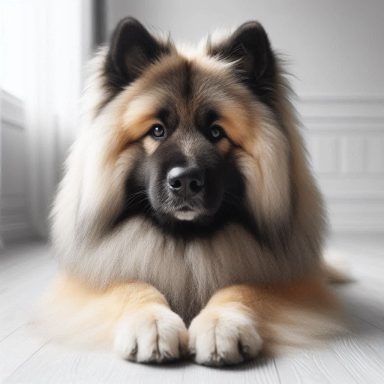 Ein Eurasier mit dicken, goldenen und schwarzen Fell, der ruhig daliegt.