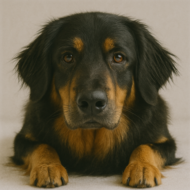 Schwarzer Hund mit orangefarbenen Farbtönen, der aufmerksam schaut.