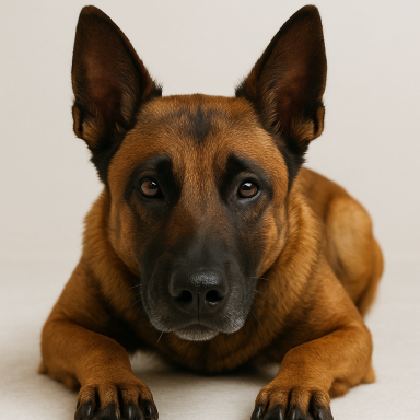 Brauner Hund mit aufmerksamen Augen liegt entspannt auf einem hellen Untergrund.