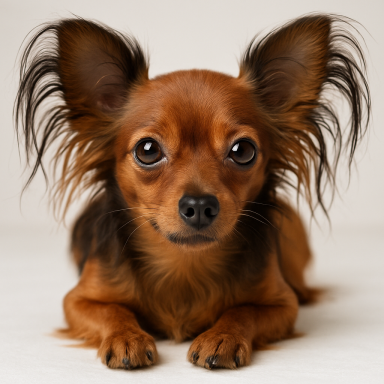 Ein kleiner, brauner Hund mit langen Ohren und großen, ausdrucksvollen Augen.