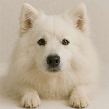 Deutscher Großspitz mit sanften Augen, der entspannt auf einer Oberfläche liegt.