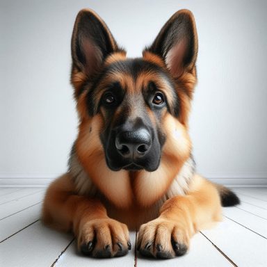 Schäferhund liegt mit aufmerksamem Blick auf einem hellen Holzboden.