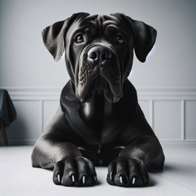 Schwarzer Cane Corso sitzt mit aufmerksamem Blick auf einem hellen Boden.