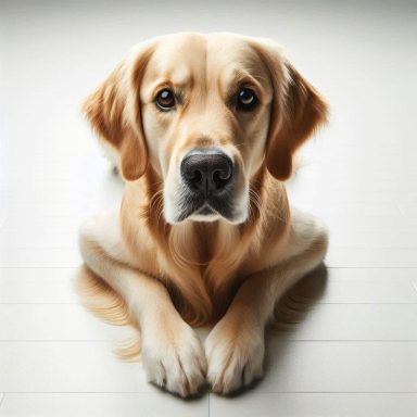 Ein ruhiger, golden retriever Hund liegt entspannt mit aufmerksamen Blick.