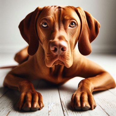 Brauner Magyar Vizsla liegt auf dem Boden und schaut direkt in die Kamera.