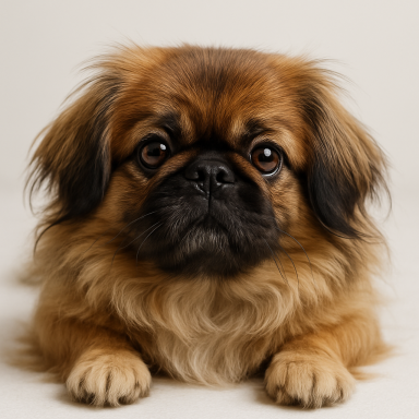 Ein kleiner Pekinese mit braunem, lockigem Fell und großen, runden Augen.