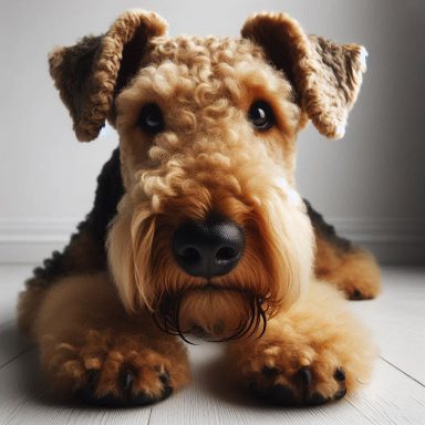 Brauner Airedale Terrier mit weichem Fell, entspannt und freundlich blickend.