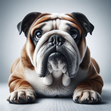 Eine Old English Bulldogge liegt mit ernstem Blick auf einem hellen Boden.