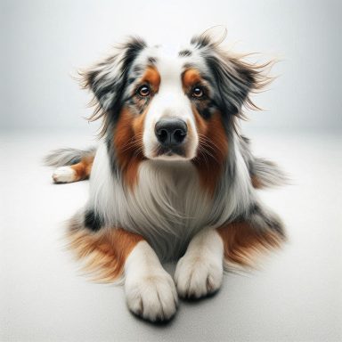 Ein Australian Shepherd liegt mit aufmerksamem Blick auf dem Boden.