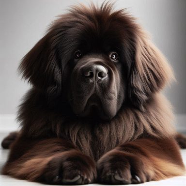 Ein brauner Neufundländer-Hund sitzt mit einem freundlichen Blick auf dem Boden.