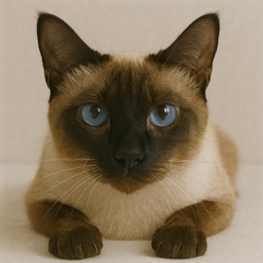 Siamkatze mit blauen Augen und braunem Gesicht, entspannt liegend.