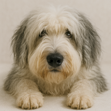 Ein grau-weißer Hund mit flauschigem Fell und großen, runden Augen.