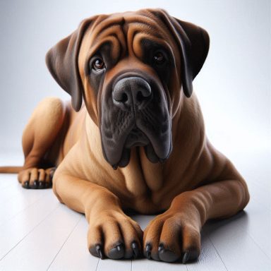 Brauner, muskulöser Mastiff, der entspannt auf dem Boden liegt und direkt in die Kamera schaut.