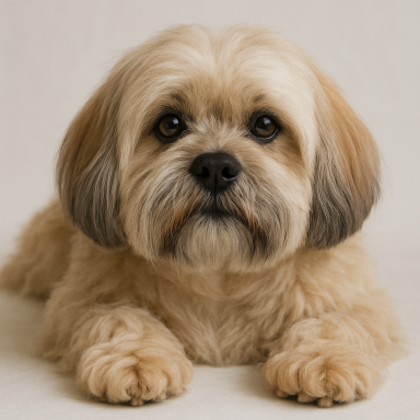 Lhasa Apso mit großen, runden Augen und hängenden Ohren.